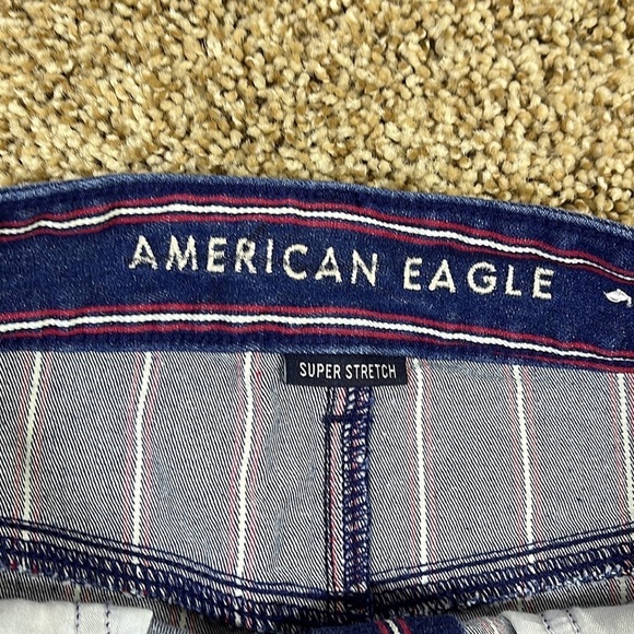 AMERICAN EAGLE Denim Mini Skirt Size 8 Hi-Rise Super‎ Stretch Striped Blue Jean - Picture 2 of 6